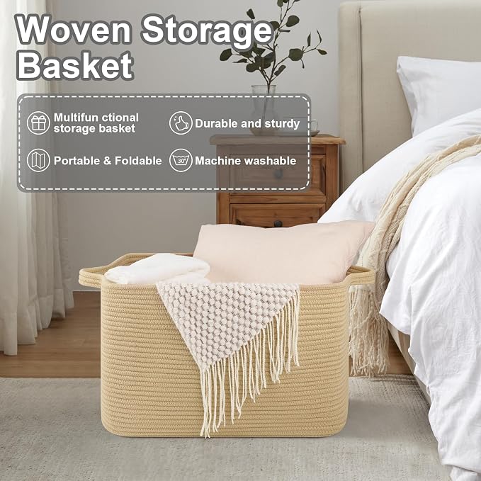 OIASKET Large Blanket Basket, Jute Blanket Storage Living Room, Rectangle Woven Baskets for Storage Toys, Towels, Dirty Clothes Organizer Bins (Jute)