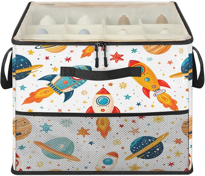 TropicalLife Outer Space Rocket Planets Shoe Organizer for Closet | Foldable Shoe Storage Box Bin 16-32 Pair Shoe Storage for Sneakers, Boots & Heels with Adjustable Dividers, Clear Cover