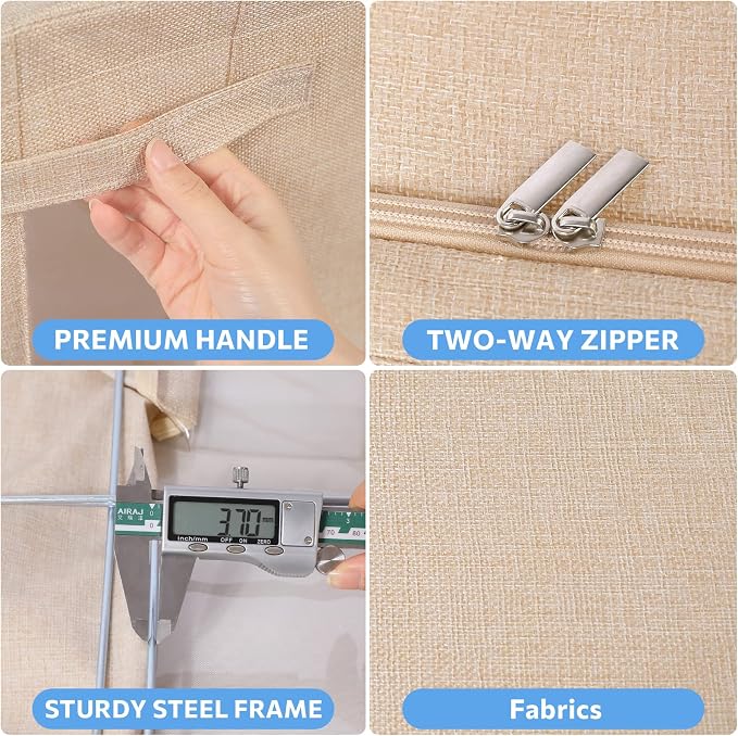CYhom Clothes Storage Bins Box - Linen Fabric Foldable Stackable Container Organizer Set with Clear Window & Carry Handles & Metal Frame - 2Pack Large Capacity for Bedding, Blankets, Books
