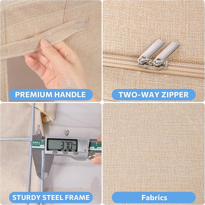 CYhom 3Pack Foldable Storage Bins - Frame Storage Box Linen Fabric Stackable Clothes Container Organizer with Clear Window & Carry Handles Large Capacity (Small-22L, Beige)