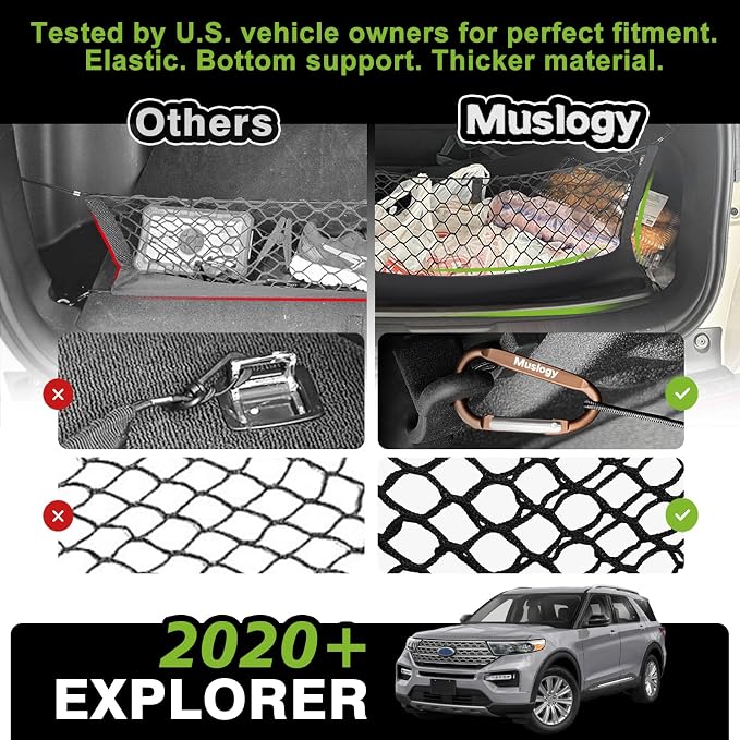 Muslogy Cargo Net for 2020-2024 2025 2026 Ford Explorer Accessories | Custom Fit, Trunk Storage Organizer Net for SUV Sedan Van Divider, with Heavy Duty Carabiners, Night Visible Grab Handle
