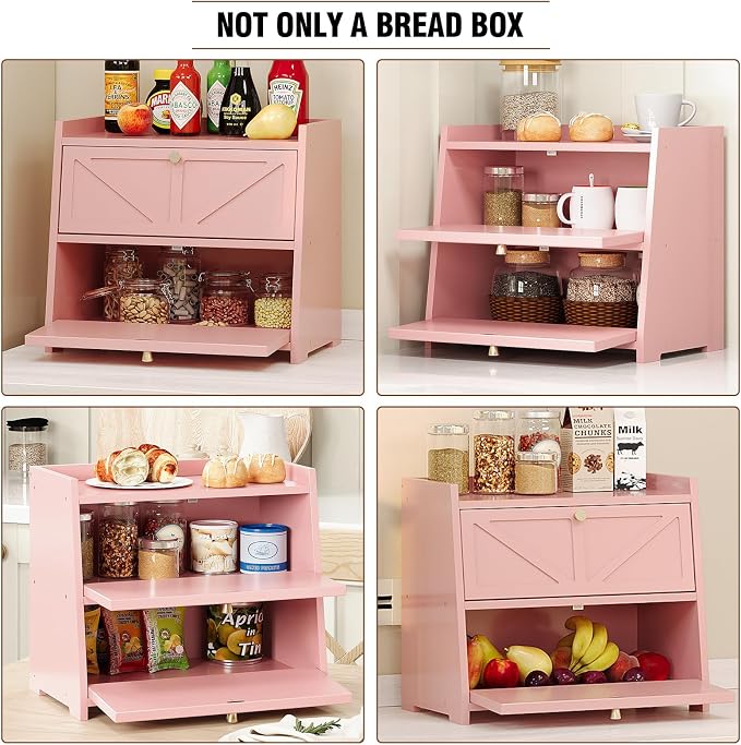 Trironsun Vintage Double Layer Bread Box for Kitchen Counter Bamboo Bread Storage Container Large Capacity Bread Storage Bin (Pink)