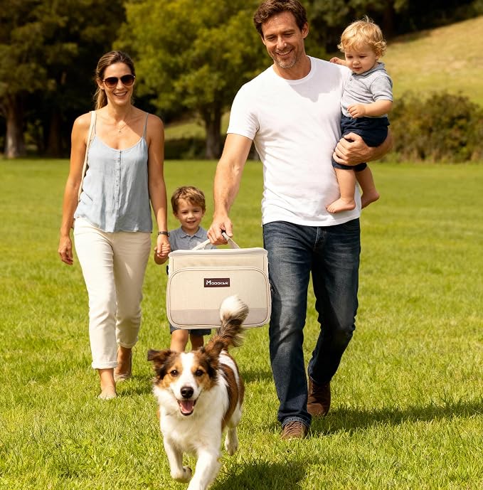 Modoker Compact Dog Travel Bag Set with 2 Bowls and Food Bags, 7.6L Beige | Under-Seat Pet Travel Organizer with 2 Food Bags, 2 Collapsible Bowls, Feeding Mat, Multiple Pockets and Adjustable Flap