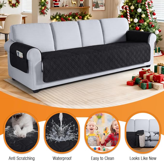 VANSOFY Waterproof Oversized Couch Cover for Pets, Black, 78.7" | Non-Slip, Washable, Utility Pockets, Pet Friendly, Furniture Protector Slipcover for 4 Cushion Couch