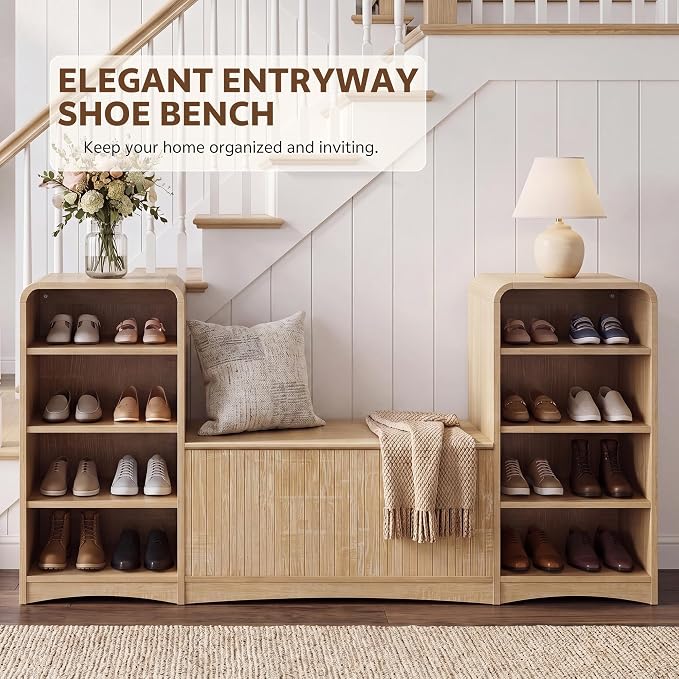 U-Shaped Shoe Cabinet Bench with Flip-Open Box & Shelf, Natural | 63" W Lift-Top Storage Wooden Bench for Entryway, Living Room, Hallway