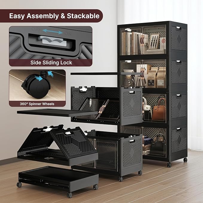 Stackable Storage Bins with Lids, 440QT Lockable Storage Cabinet | Closet Organizers, Foldable Storage Box with Doors and Wheels, Plastic Drawers for Home, Garage, Office (4, Black, Plus)