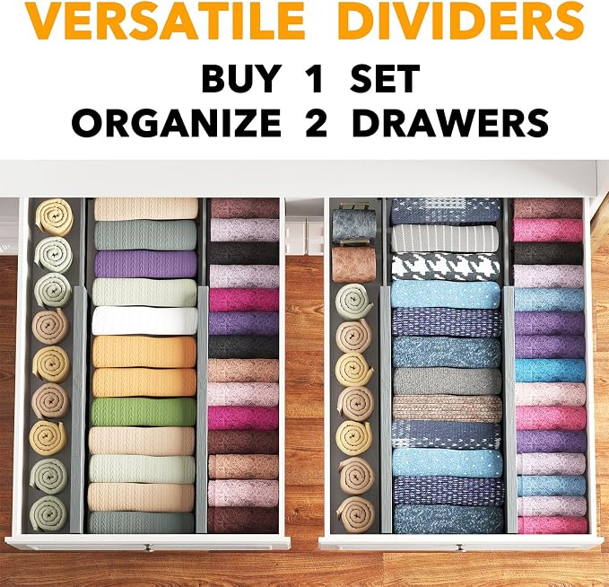 SpaceAid Bamboo 4 Pack Dresser Drawer Dividers, 4.65“ High Adjustable 17“-22” Drawer Organizers, Expandable Organization for Clothing, Clothes, Dressers, Gray