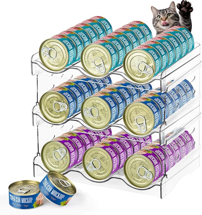 REFLYING Cat Food Can Organizer 3-Tier Holds 54 Cans 3.5oz Clear | Transparent 3-tier cat food can organizer,Holds 54 cans 3.5oz,Pantry countertop storage for kitchen cabinet organization