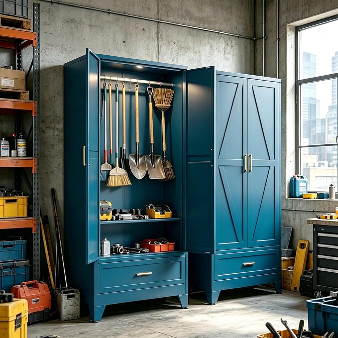 71" H Blue Storage Cabinets,Metal Storage Cabinets,Garage Cabinet,Broom Closet Storage Cabinet,Utility Cabinet