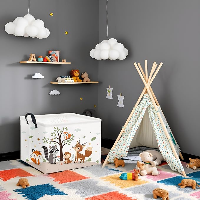 Rectangular Woodland Animal Basket Kids Baby Storage Basket Storage Bin Organizer Box Animal Room Decor(Spring Animal)