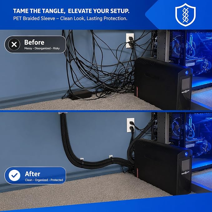 1/2" Split Cable Sleeves, Heavy Duty Wire Cover Cable Sheath to Hide Cords | Black 10ft Reusable Wire Organizer Flexible Abrasion Resistance Wire Loom Wrap for Car Desk Computer Pet Chew Protection