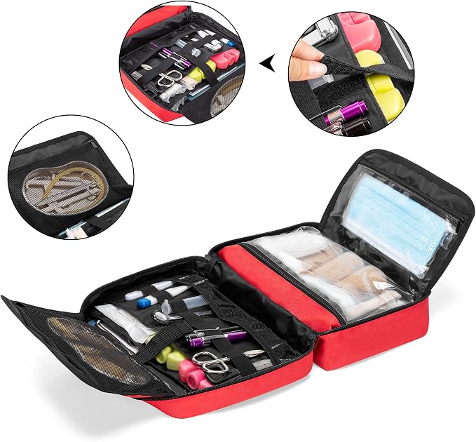 Trunab First Aid Trauma Bag with 2 Inner Flaps, Medical Supplies Pouch,Red | Empty Bag with Hand Strap, Customizable Interior for Home or Outdoor Use