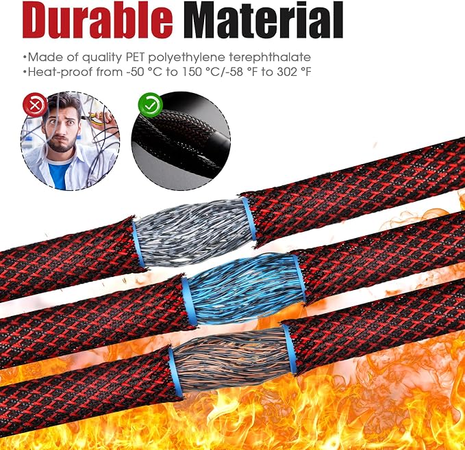 Tatuo 151 ft Braided Cable Sleeve Expandable Wire Sheathing(Red, Black) | with 120 Heat Shrink Tubing 1/4 in 2/5 in 1/2 in 3/4 in Wire Sleeve Cord Management for Television Audio Computer Video Pets