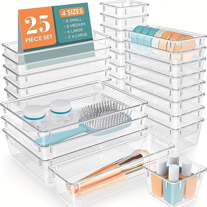 Drawer Organiser Set Clear Makeup Trays Desk Drawers Dividers Dresser Storage Bins Separation Box for Bathroom Transparent Pet Drawer Storage
