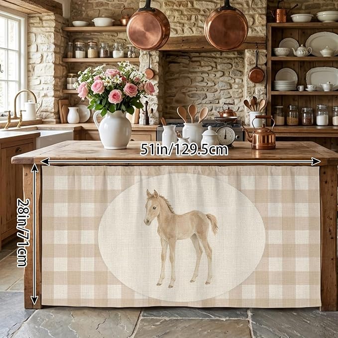 Graceful Pony Cabinet Curtains 28"x51" Sink Skirt for Bathroom Kitchen, Retro Natural Horse Farmhouse Plaid Rustic Self Stick Adhesive Under Desk Covers Tall Laundry Cabinet Storage Organizer
