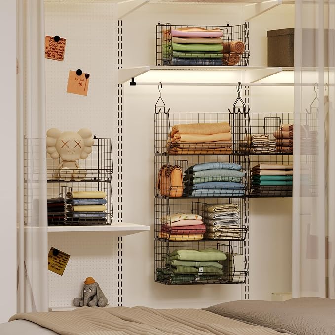 Jautokerdar 4 Tier Hanging Closet Organizer with Dividers,Extra Large Storage Hanging Shelf with 5 S Hooks 4 Dividers,Hang on Wire Closet Shelving Clothes Organizer-Black