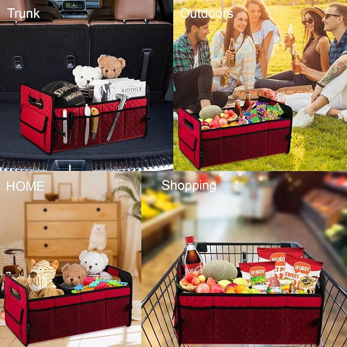 JiatuA Car Trunk Organizer for SUV, Collapsible Car Storage Organizer Red | Sturdy, Large Capacity, Diamond Decor, Multi Compartment Container Box Adjustable Car Accessories for Sedan Truck
