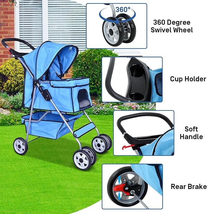 4 Wheels Pet Stroller for Dog and Cat Stroller, Lightweight and Foldable Carrier Strolling Cart W/Cup Holders Removable Liner for Small and Medium Dog Cat - Blue