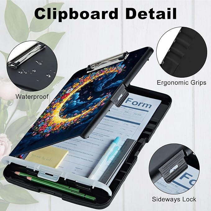 A4 Clipboard with Storage Pen Holder, Clipboards Organizer Nursing Clipboard Foldable File Folder Plastic Clipboard Folio Clip Board for Office Work Classroom Doctor, Dark Clouds Moon
