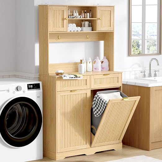 2 x 13 Gallons Double Tilt Out Trash Cabinet with Power Outlet, Natural Oak | 71" Tall Kitchen Fluted Pantry Storage Hutch Cabinet with 2 Drawers, Garbage Can Holder Cabinet with Adjustable Shelve