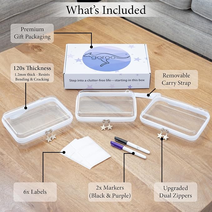 Clear Hard Shell Zipper Case Set (3 Large), 120s Thick PET Plastic, Dual Zippers with Star Charms, Removable Straps, Removable Labels with 2 Markers for Travel, Storage & Organization