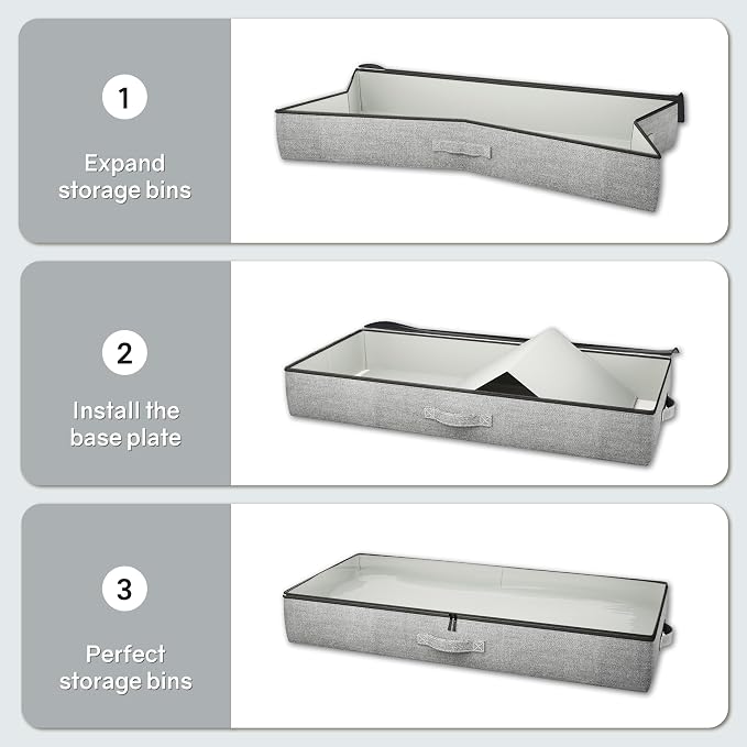 2-Pack Under Bed Storage Containers, 4.5 Inches Tall Clothes Storage, Grey | Low Profile Collapsible Underbed Organizer Bin with Sturdy Sidewalls/Bottom, Cotton-linen, For Seasonal Clothes & Bedding