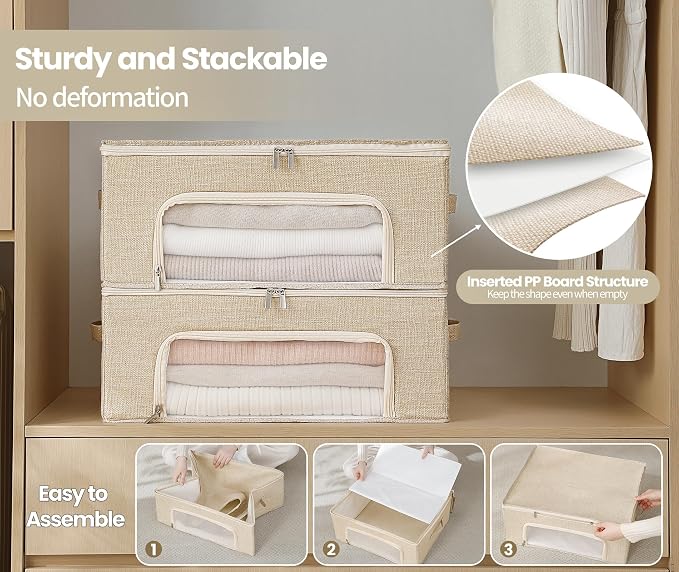 2-Pack Cashmere Sweater Storage Bags for Wool with Cedar Blocks, Beige | Breathable Cashmere/Wool Garment Storage, Mesh Window, Rigid PP Support, Cedar Protection, Foldable Closet Clothes Storage