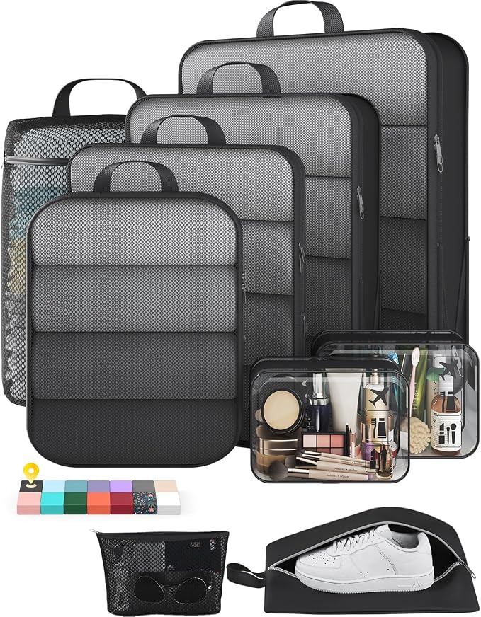 Veken 9/11 Set Compression Packing Cubes Garment Bags for Travel Essentials,Compressible Expandable Luggage Organizer Bags for Clothing,Space Saver Bags with Over 1000 pcs of Mesh Holes(Black)