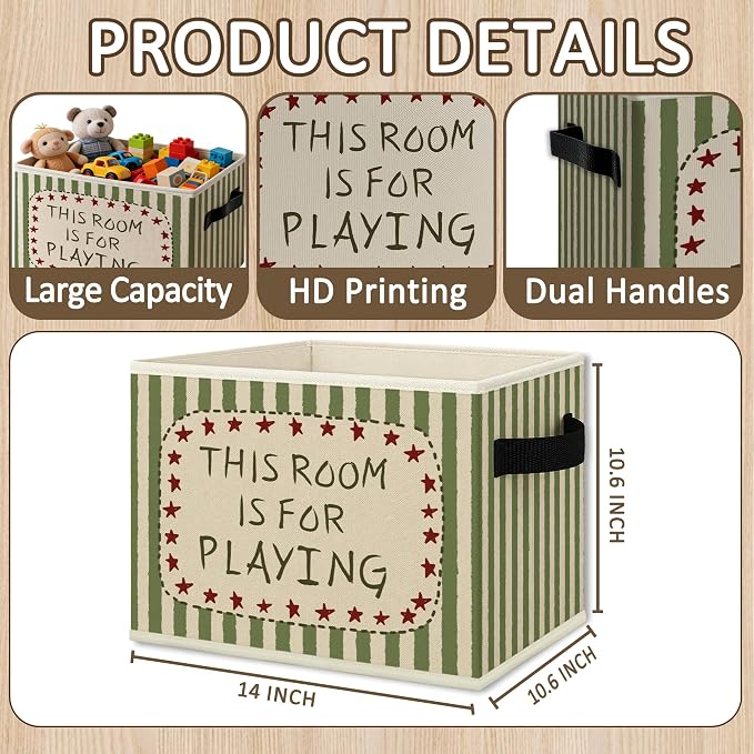 Nursery Playroom Cube Storage Bins with Handles, This Room Is for Playroom Green Striped Collapsible Fabric Storage Basket Boxes Books Clothes Organizer for Boys Bedroom Playroom Bathroom