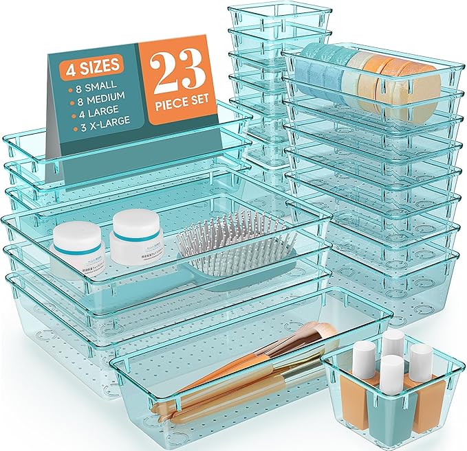 StorMiracle 28 PCS Clear Plastic Drawer Organizers Set, 4 Size Desk Drawer Organizer Trays for Makeup, Jewelry, Kitchen Utensils, Gadgets and Office Accessories, Sea Blue | 4 Size Desk Drawer Organizer Trays for Makeup, Jewelry, Kitchen Utensils, Gadge...