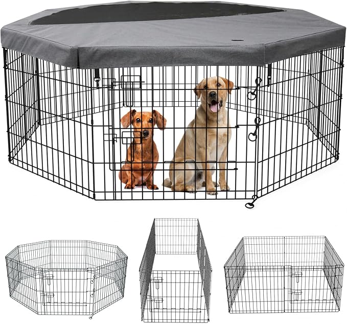 PETIME Foldable Metal Dog Exercise Pen/Pet Puppy Playpen Kennels Yard Fence Indoor/Outdoor 8 Panel 24" W x 36" H with Top Cover (with top Cover, 8 Panels 36" H)
