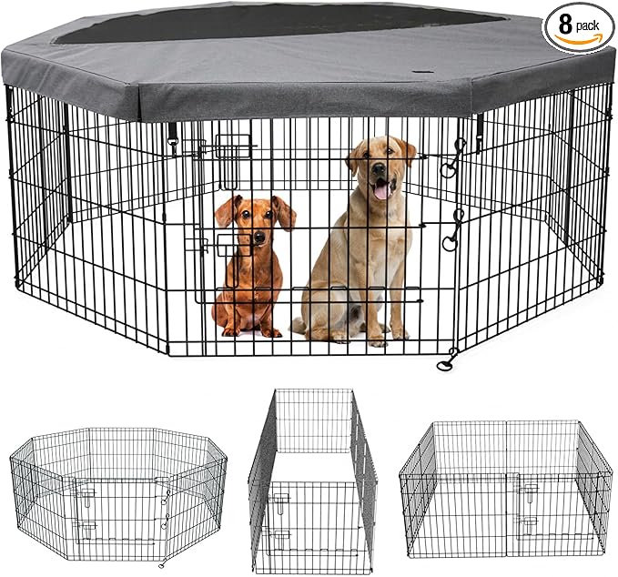 PETIME Foldable Metal Dog Exercise Pen/Pet Puppy Playpen Kennels Yard Fence Indoor/Outdoor 8 Panel 24" W x 24" H with Top Cover (with top Cover, 8 Panels 24" H)