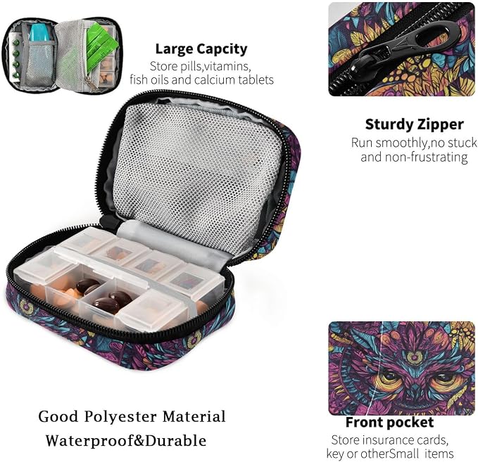 Fustylead Ethnic Tribal Purple Mandala Owl Pill Organizer and Storage Weekly with Zipper, Removable Pill Box Portable Medicine Organizer for Vitamin Fish Oil Supplement