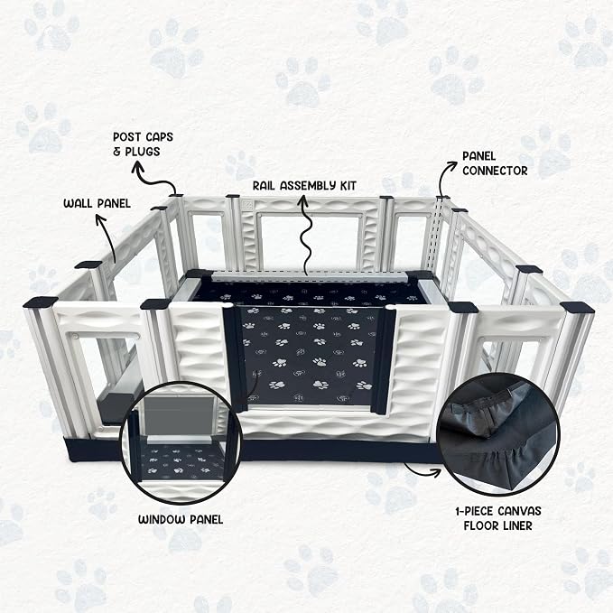 EZclassic 48x48x18 in Whelping Box, Windowed Walls & Rails, Gray | 48x48 padded whelping box with windowed walls, puppy safety rails, waterproof gray pad, and sturdy portable build