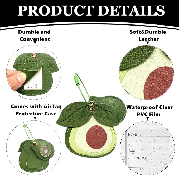 PU Leather Luggage Tag with Airtag Holder Case Set and Name ID Label | Hidden Compartment for AirTag Travel Suitcase Tracking Case with Stainless Steel Loop,Cute Fruit Plant Animals Styles,Avocado