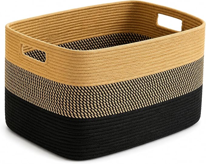 25.4GAL Collapsible Cotton Rope Extra Large Storage Basket For Bedroom Closet, Boho Rectangular Big Short Hamper Woven Storage Baskets for Living Room Throw Pillows Blankets Dirty Clothes,Khaki Black