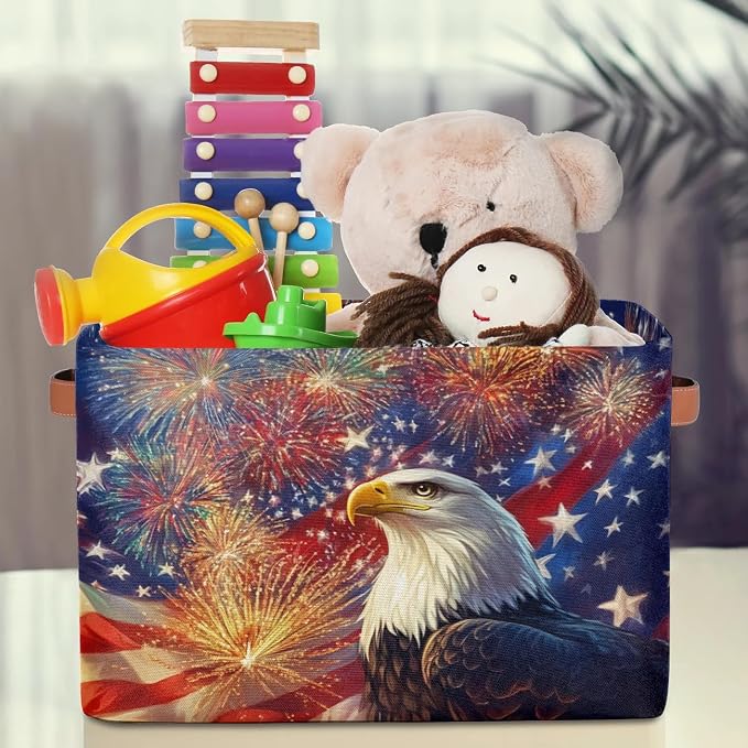USA Flag Eagle Storage Baskets with Handles Fabric Storage Boxes Collapsible Nursery Basket for Shelves Book Cloth Closet Organizer Bins 15 X 11 X 9.5 IN