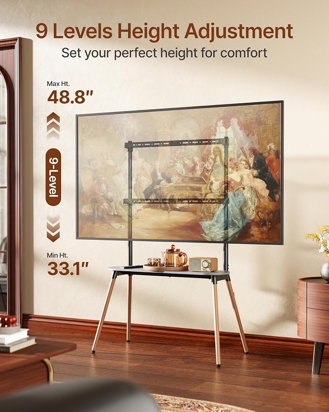 4-Leg Easel TV Stand for 49-86" TVs, 110 lbs, Black | Height-adjustable floor TV stand, storage shelf, cable management and protective pads for living room, office or school