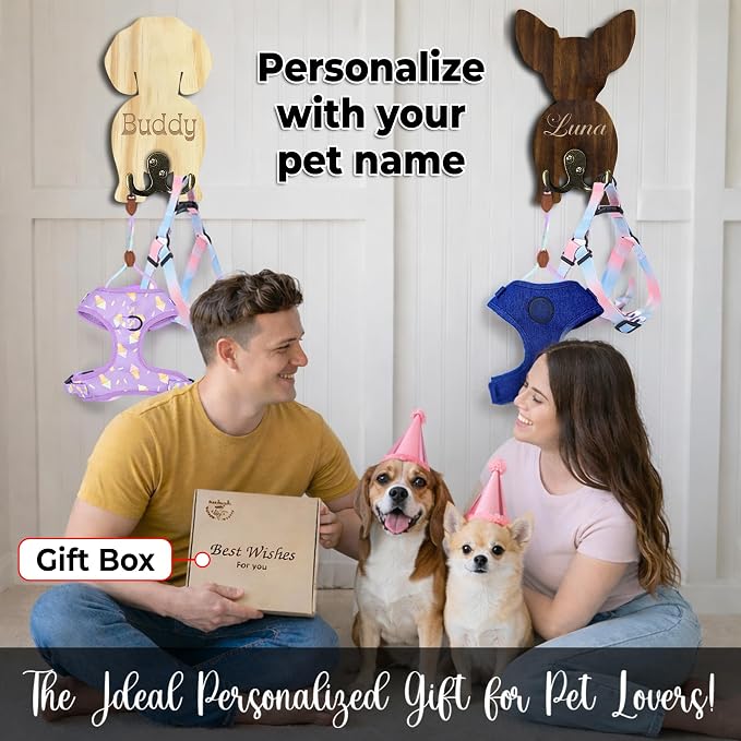 Personalized Dog Leash Holder, Custom Wooden Dog Wall Hook with Name, Wall Mounted Pet Harness Holder, Entryway Organizer for Leashes, Keys and Collars, Gift for Pet Lovers, Home Décor