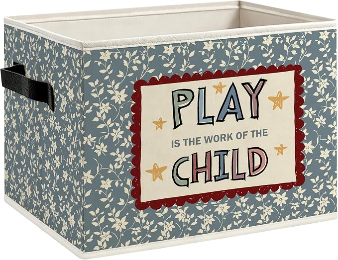 Boho Blue Floral Kids Foldable Storage Bins Box with Handles | Play Is the Work of the Child Decorative Storage Boxes Baskets Organizer for Kids Room Nursery Bedroom Bathroom