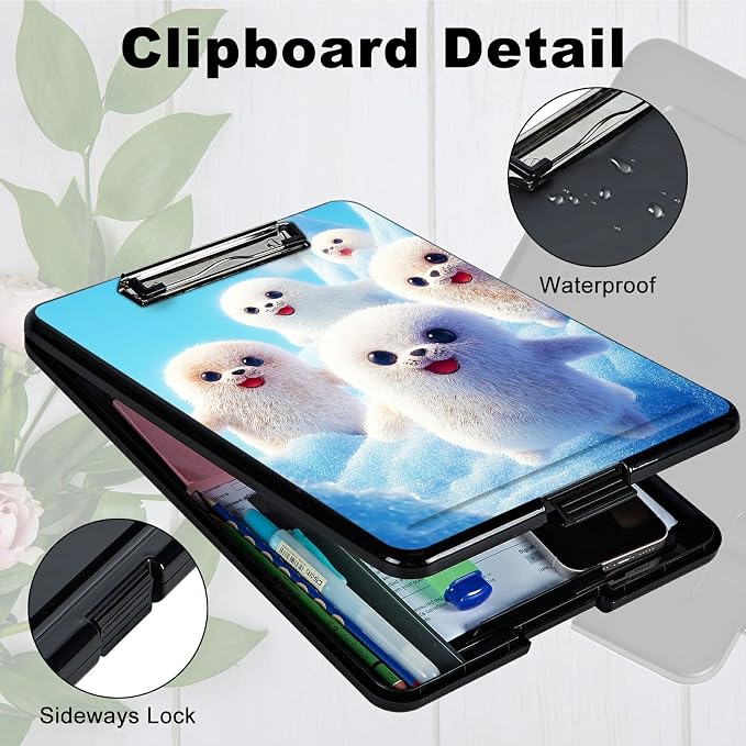 Heavy Duty Storage Clipboard, Slim Nursing Clipboard with Internal Pen Case, Portable File Organizer Case for A4 Letter Size Paper Office Medical Professionals, Snow Sea Lion