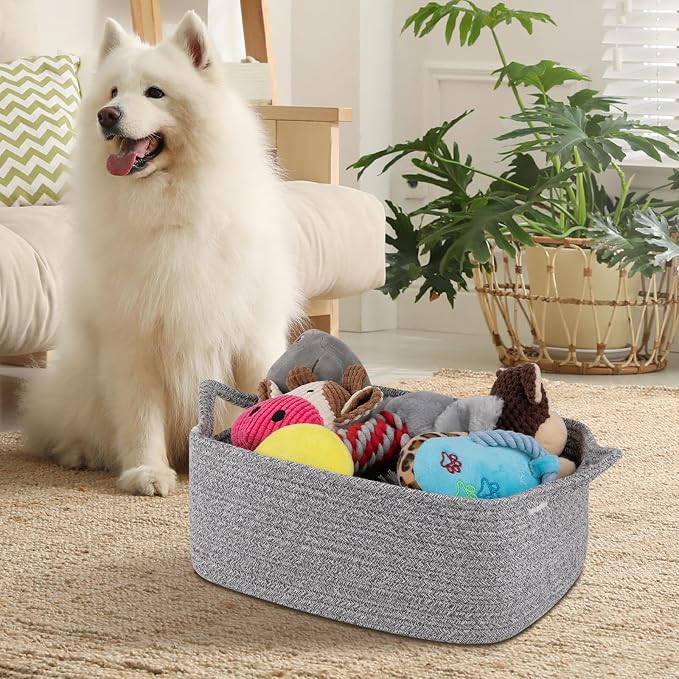 OIAHOMY Woven Basket, Gift Basket Empty with Gift Bags and Ribbons, Rope Baskets for Baby Showers, Storage Baskets with Handles for Nursery, Pet Toy Organizer - Grey