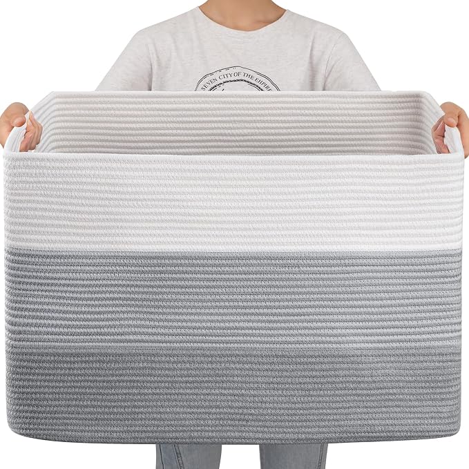 OIAHOMY 108L Super Large Blanket Basket, 25”x16”x16”(108L) Rectangle Woven Baskets for Storage, Cotton Rope Basket For Living Room, Toy Storage with Handle - Gradient Grey | Rectangle Woven Baskets for Storage Cotton Rope Basket For Living Room Toy Sto...