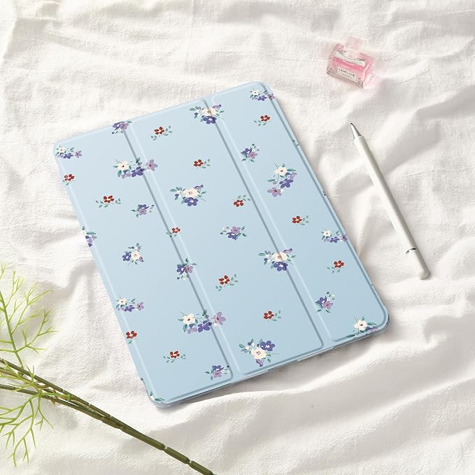 Cute Purple Floral Case for 9.7" iPad Air/iPad Air 2, Clear TPU Smart Stand Back Cover with Pencil Holder, Auto Wake/Sleep Foldable Four-Corner Shockproof Protective Case
