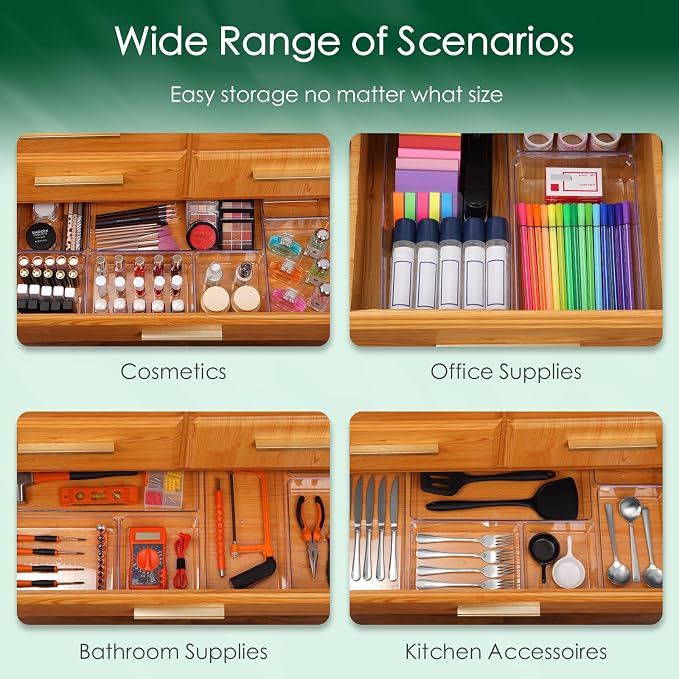Drawer Organizer Set, Acrylic Non Slip Non Cracking Kitchen Drawer Storage Tray Large Size Divider, Multifunctional Storage for Cosmetics, Bathroom, Tools, Kitchen and Office (8 PACK)