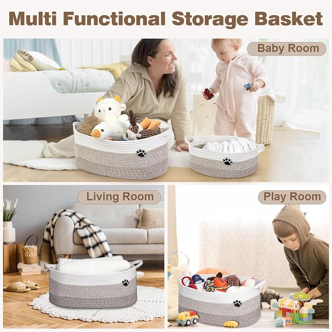 Optish Dog Toy Basket, 30L Toy Box and Bin for Dog Cat Storage, 19.7" X 11" X 7.9" Large Woven Rope Basket for Blanket Storage, Living Room, Bedroom, White & Brown