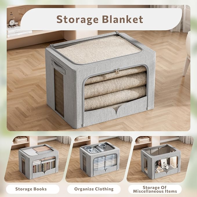 FHSQX 3 Pack Clothes Storage Bins with Metal Frame-36L | 15.7x11.8x11.8inch,Portable, Large Clear Window, Stackable, Durable Handles, Foldable, Linen Fabric