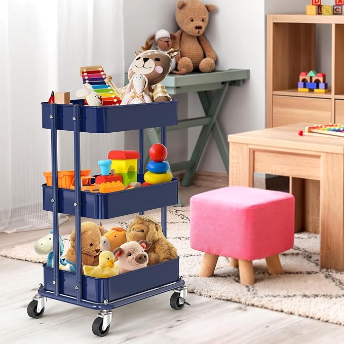 Simple Houseware 3-Tier Utility Cart, Low 24" Height Fits Under Desk, Navy | Compact & Lower Height Great for Under-Desk Space-Saving Storage for Home Office, Dining Room, or Kitchen