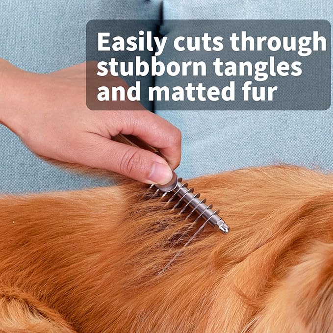 Dog Dematting Comb & Rake, Stainless Steel Pet Grooming Brush for Mats & Tangles, Gentle Undercoat Rake for Doodles, Poodles, Goldendoodles, Long/Short Haired Dogs & Cats, Non-Slip Wooden Handle