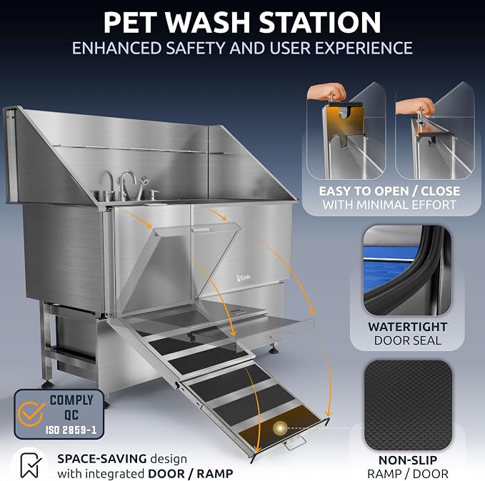 Professional Dog Washing Station 304 Stainless Steel Pet Wash Sink | Grooming Bathtub w/Shower, Floor Grates and Storage for Large, Medium & Small Pets